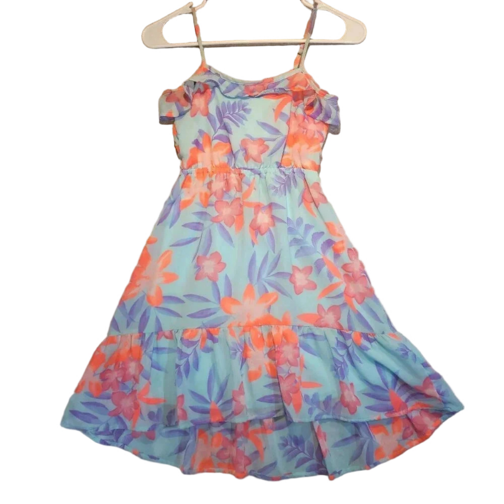 Girls Place Sleeveless Blue/Pink Tropical Print  Summer Dress Size Small 5-6
